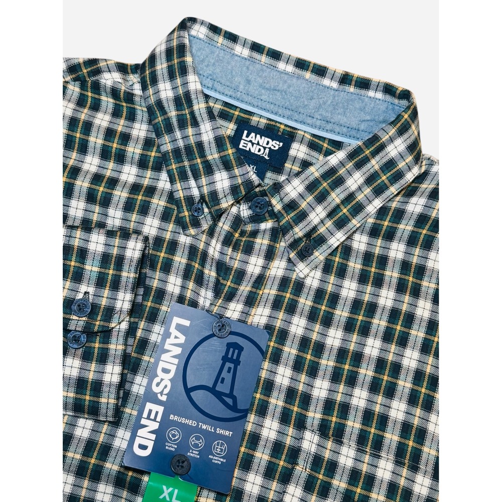 Lands End Mens XL Brushed Twill Plaid Shirt Green Yellow Stretch 1797248 NWT